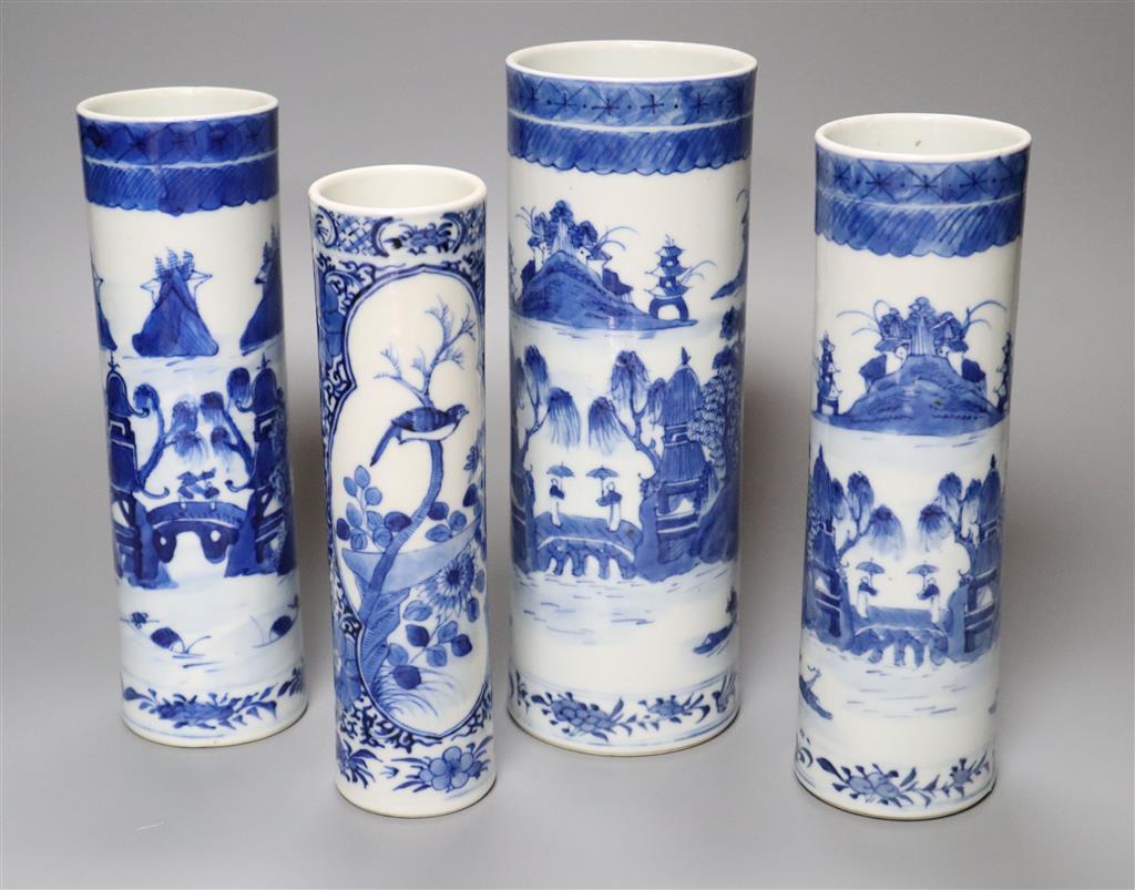 A pair and two other 19th century Chinese blue and white sleeve vases, three bear Kangxi mark, tallest 22cm